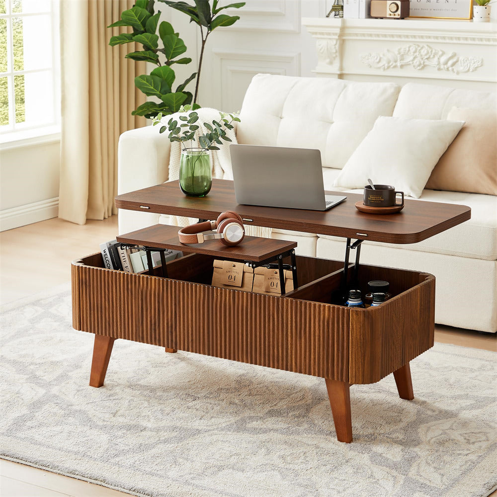 Walnut 3 in 1 Convertible Fluted Lift Top Coffee Table with Storage