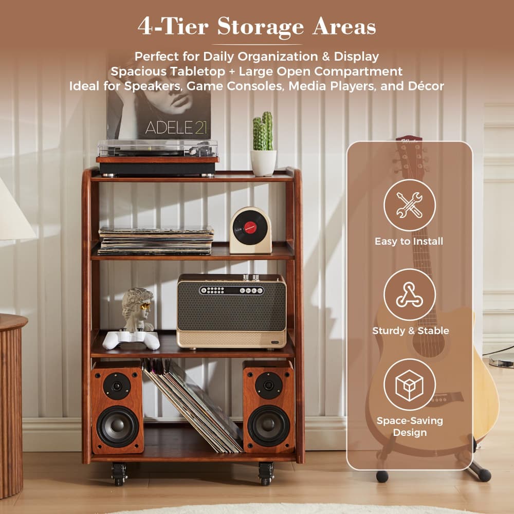 A wooden 4-tier storage cart with speakers and media accessories, shown in a styled room setting with text overlays highlighting its features.