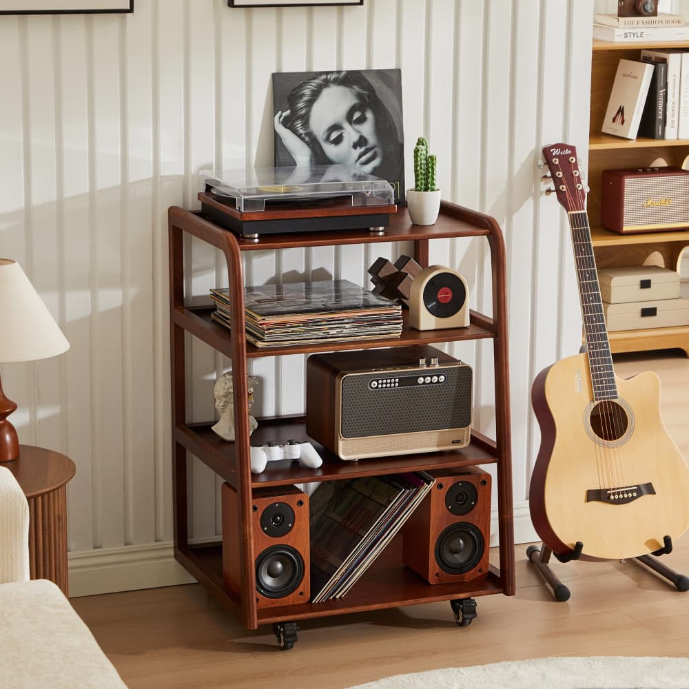 Walnut 4-Tier Audio Rack Record Player Stand with Lockable Casters and Raised Edge Shelves
