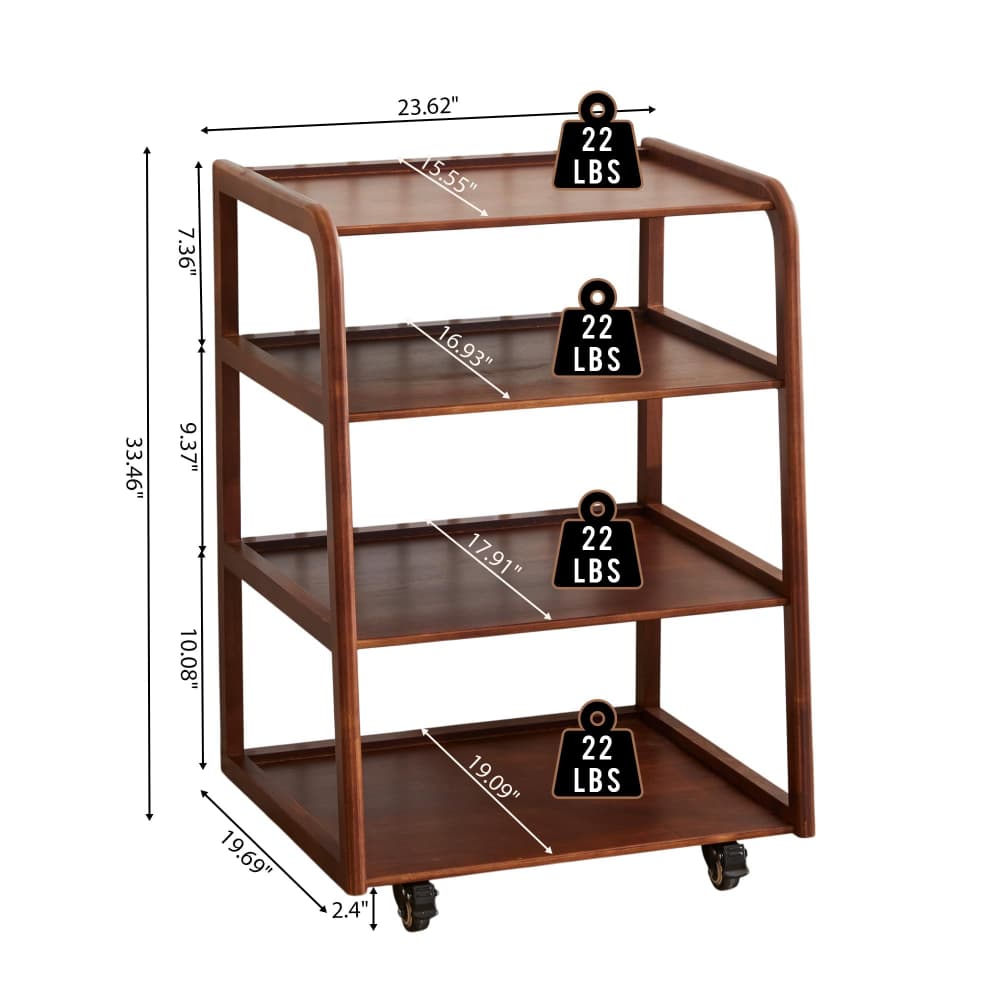 A four-tier rolling storage cart with a medium brown wood finish, shown with overlaid dimension lines and weight labels reading 22 LBS.