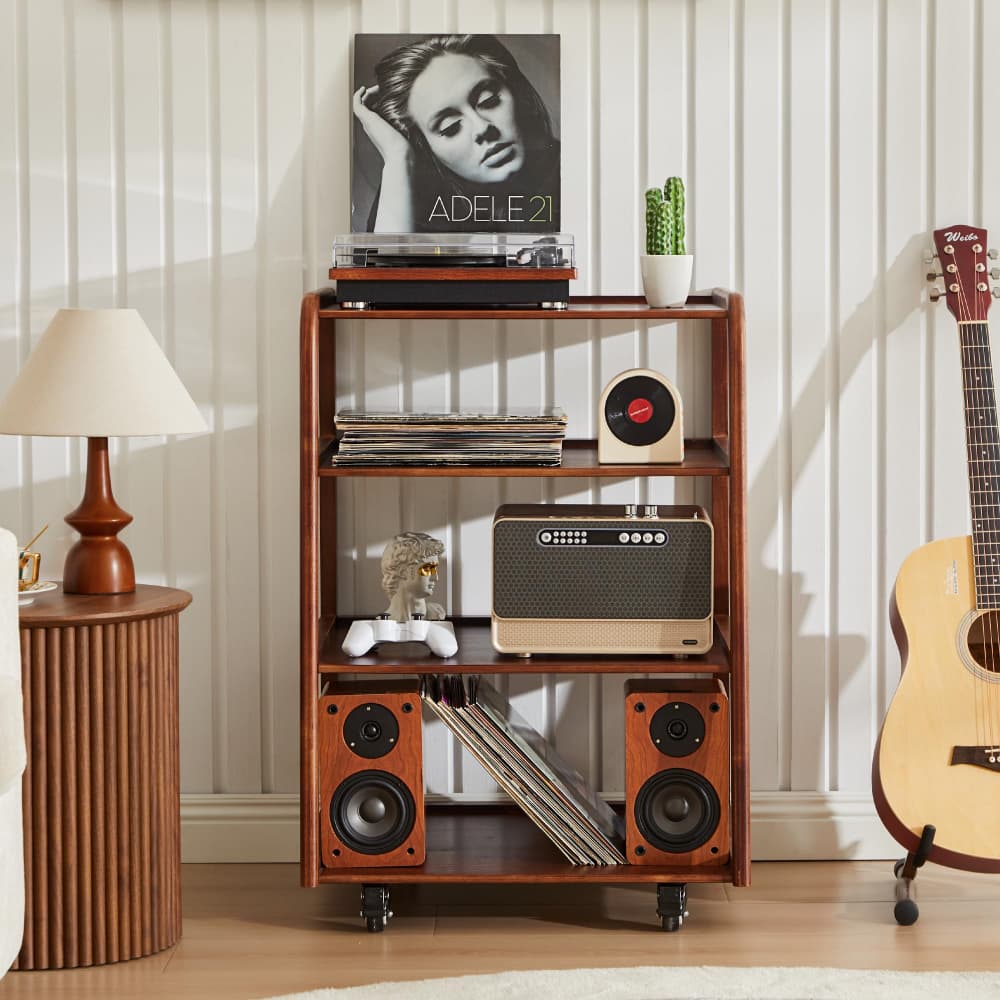 Walnut 4-Tier Audio Rack Record Player Stand with Lockable Casters and Raised Edge Shelves
