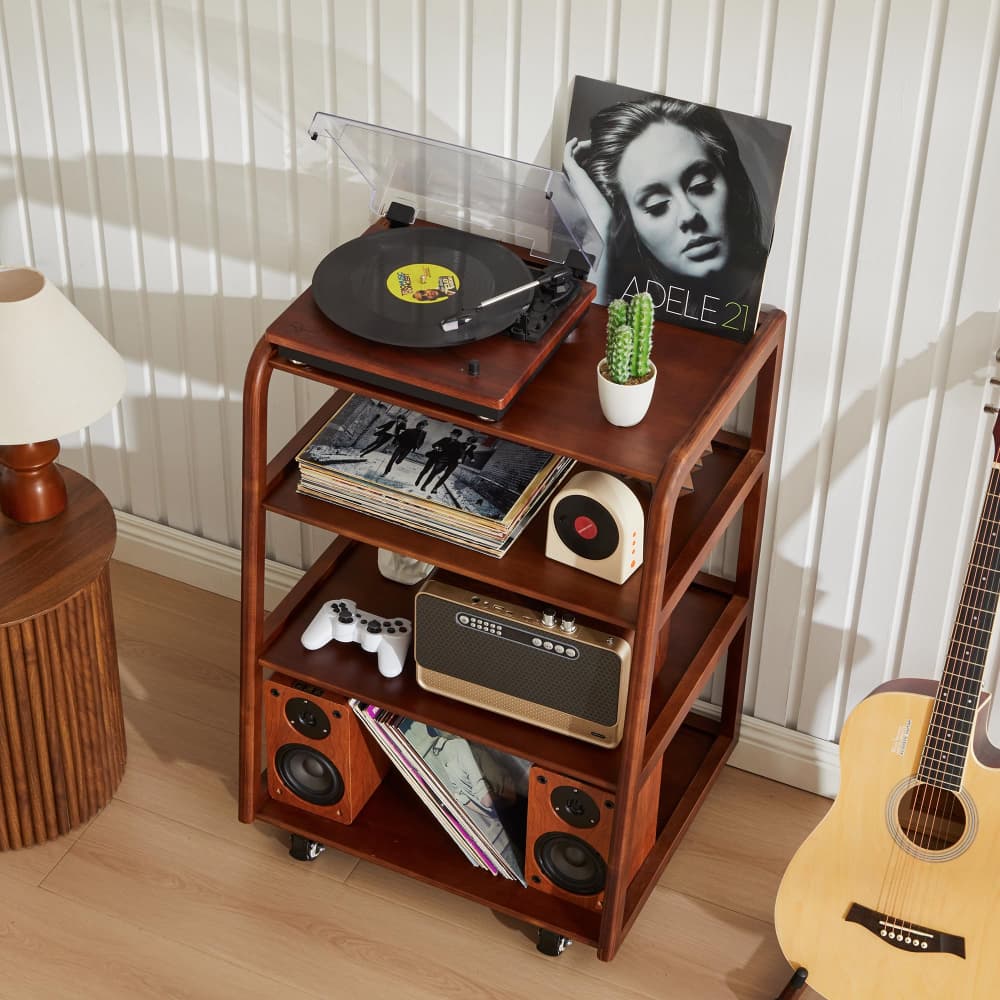 Walnut 4-Tier Audio Rack Record Player Stand with Lockable Casters and Raised Edge Shelves