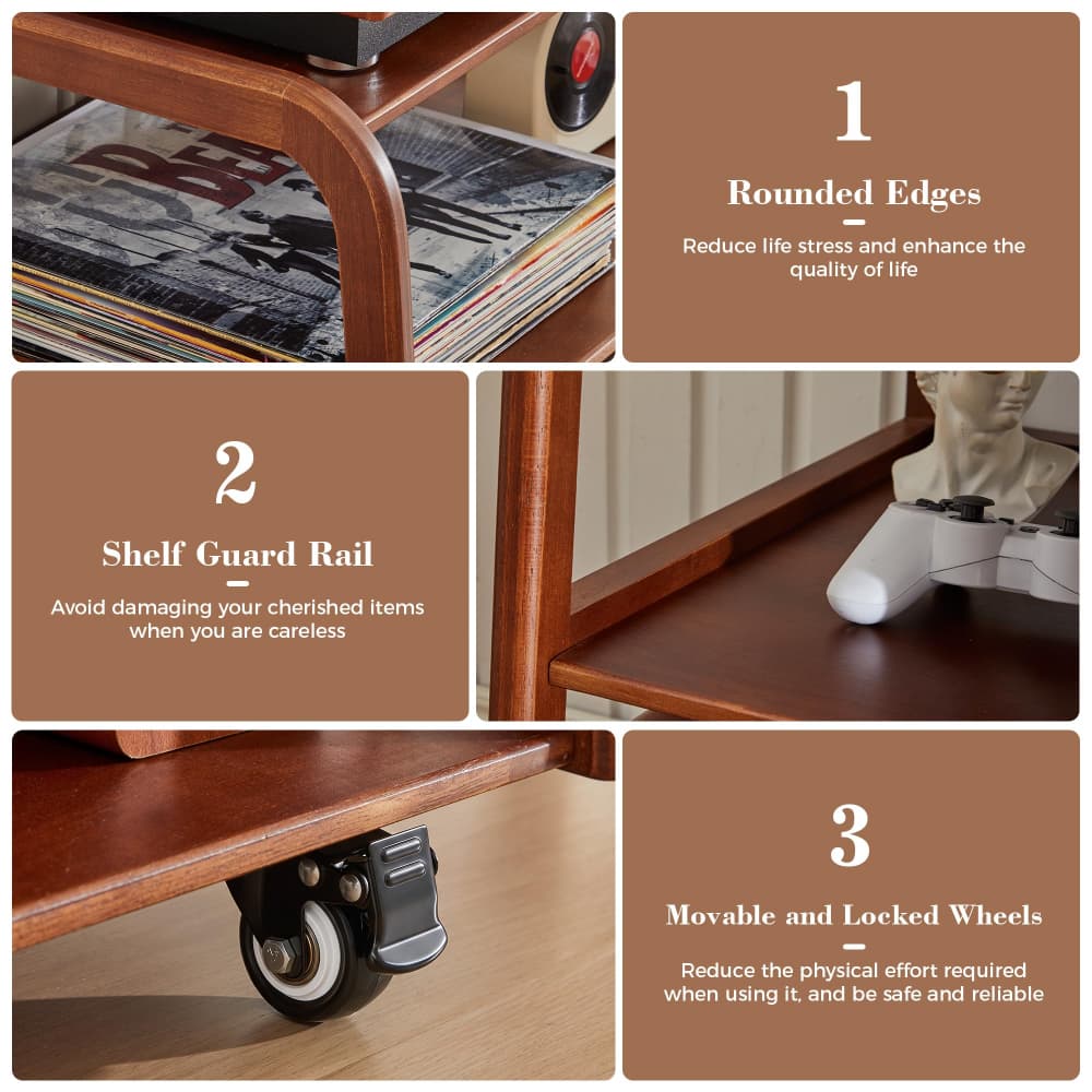 A 4-panel feature infographic for a wooden rolling shelf cart. The panels highlight key features: rounded edges, a protective shelf guard rail, and lockable wheels, with corresponding text overlays on a brown background.