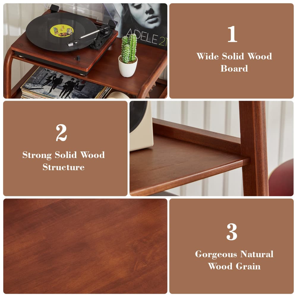 A 4-panel feature collage showcasing a solid wood side table. The top-left panel shows the table in use with a vinyl record player and a small cactus, labeled '1 Wide Solid Wood Board'.