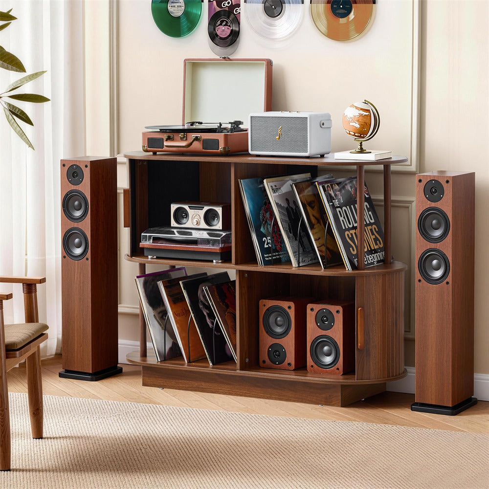 Wooden record player console with speakers and vinyl records in a room setting.