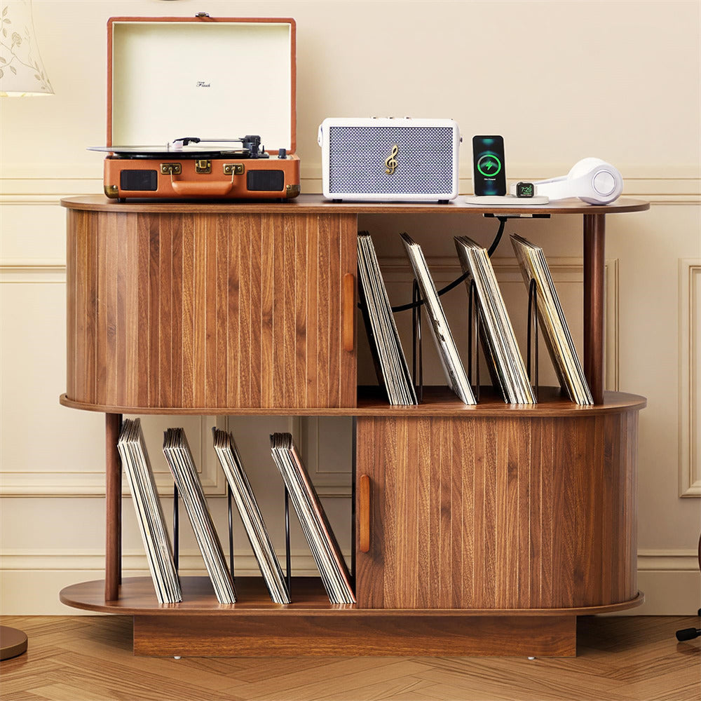 Walnut 40" Mid Century Modern Record Player Stand with Sliding Door Storage & Record Holder Socket