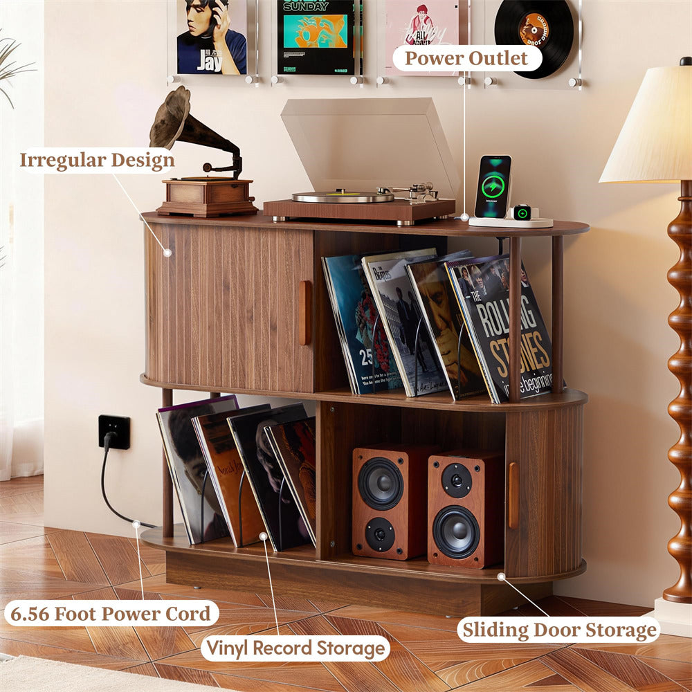Walnut 40" Mid Century Modern Record Player Stand with Sliding Door Storage & Record Holder Socket