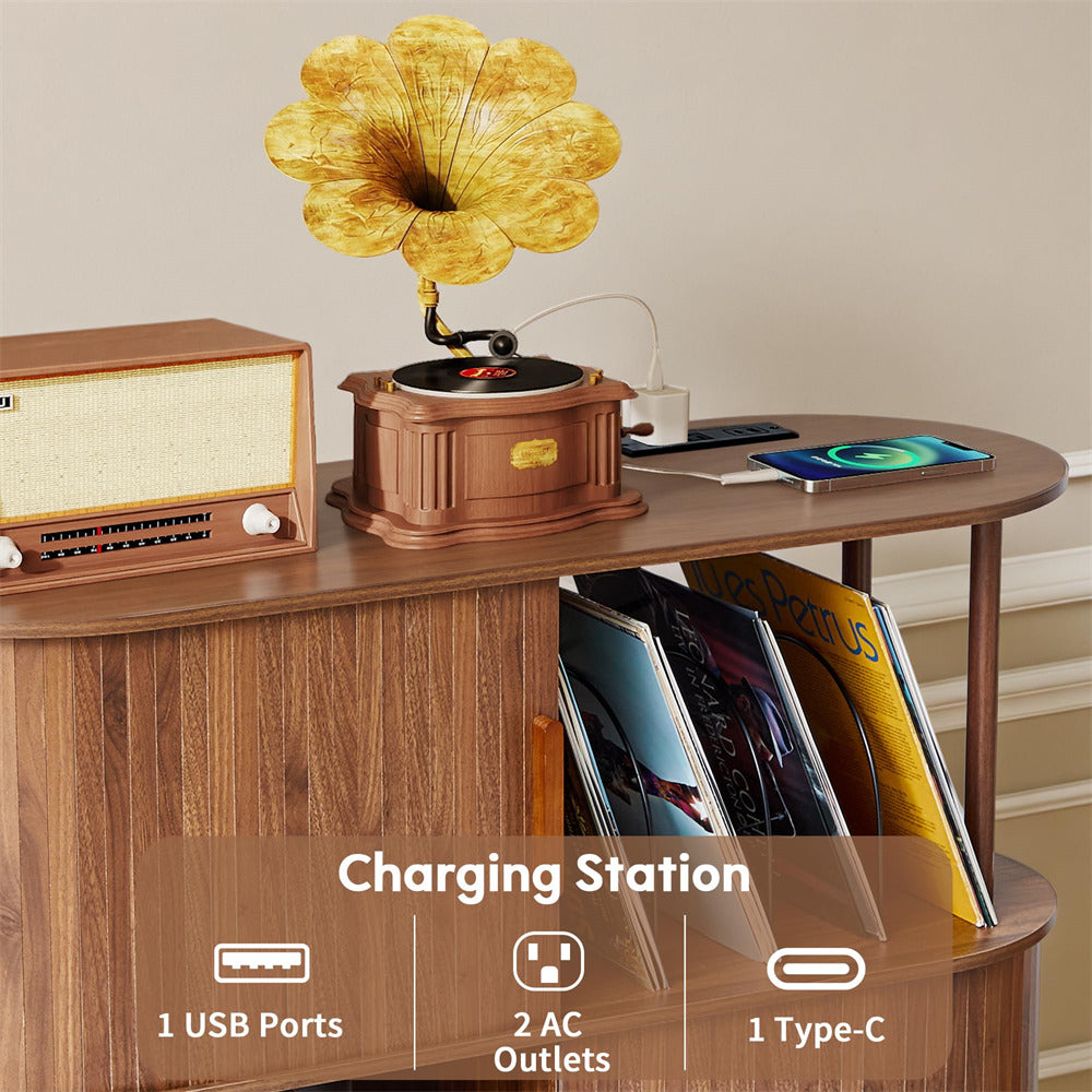 Wooden charging station with vintage-style record player and vinyl records on a table.