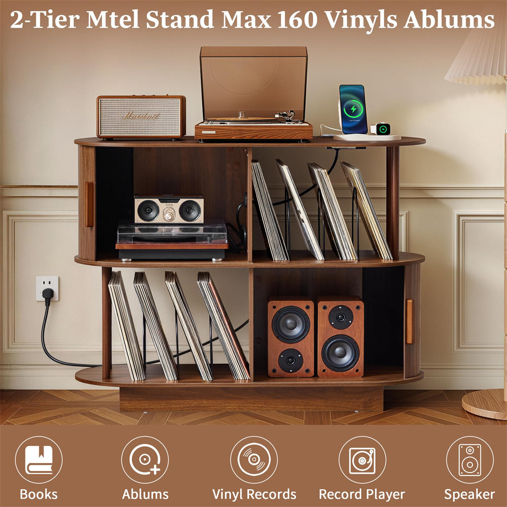 Walnut 40" Mid Century Modern Record Player Stand with Sliding Door Storage & Record Holder Socket