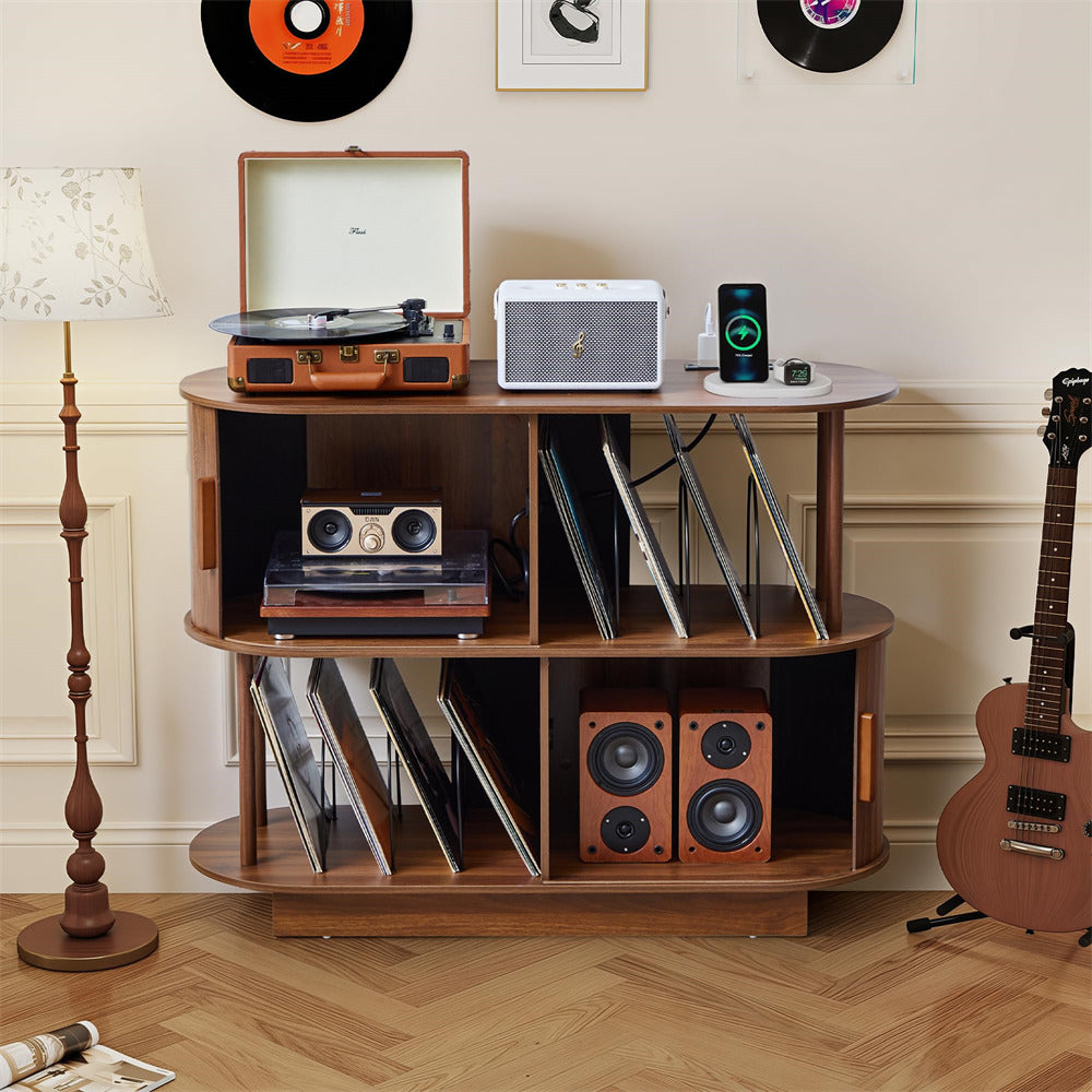 Walnut 40" Mid Century Modern Record Player Stand with Sliding Door Storage & Record Holder Socket