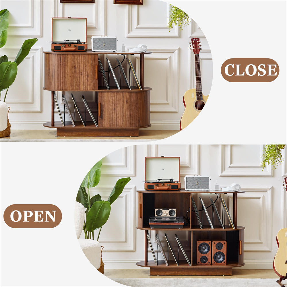 Walnut 40" Mid Century Modern Record Player Stand with Sliding Door Storage & Record Holder Socket