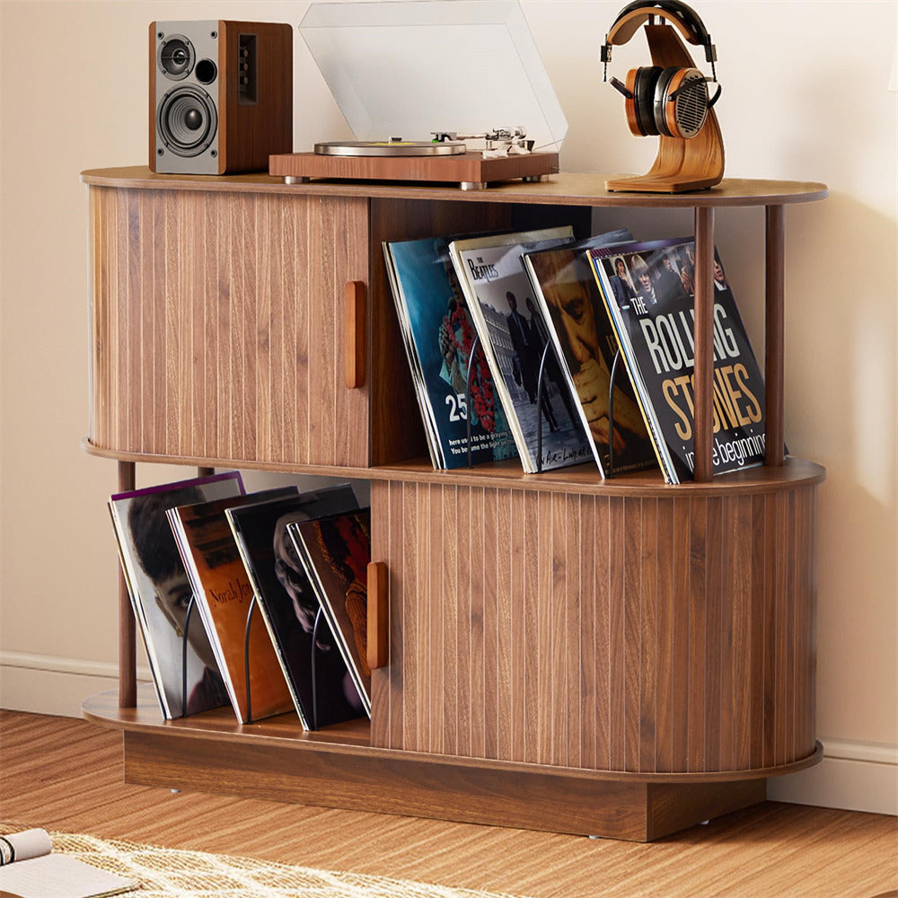 Walnut 40" Mid Century Modern Record Player Stand with Sliding Door Storage & Record Holder