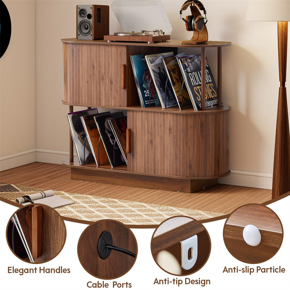 Wooden record player console with records and speakers, featuring close-up details of design elements.