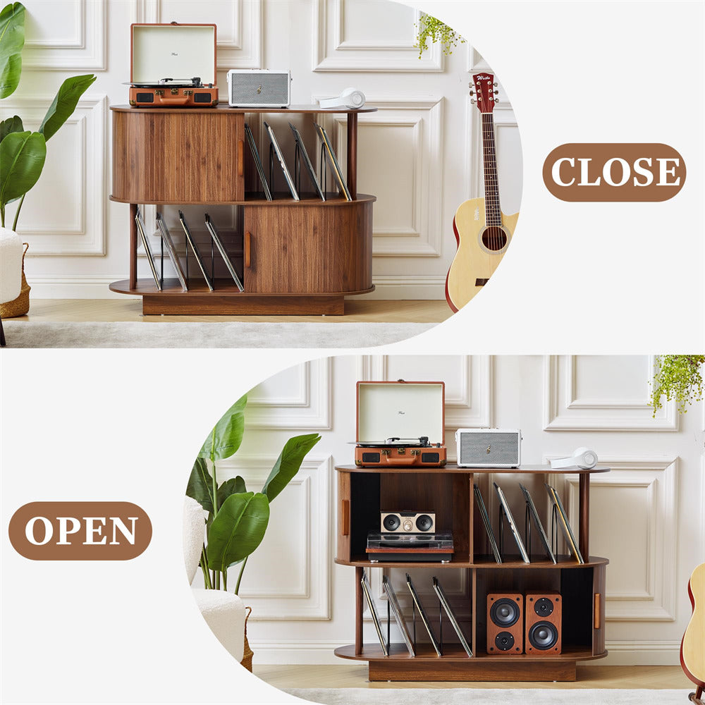 Wooden entertainment console with open and closed compartments in a room setting.