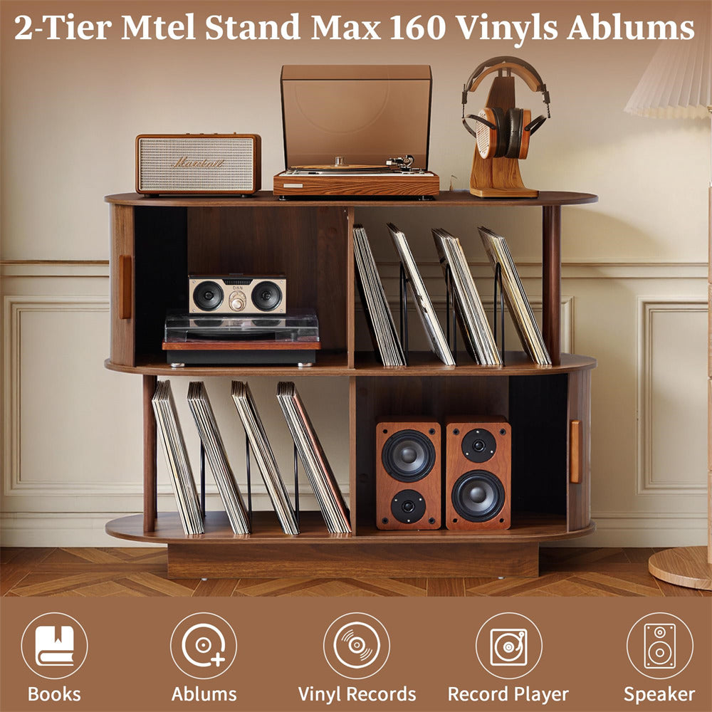 Wooden record player stand with vinyl records, speakers, and a record player in a room setting.