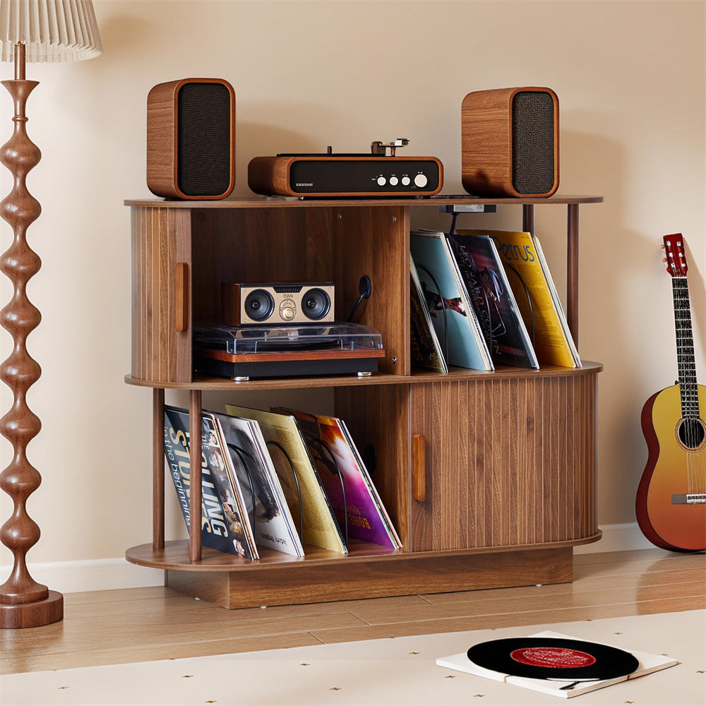 Wooden record player console with vinyl records and speakers in a room setting.