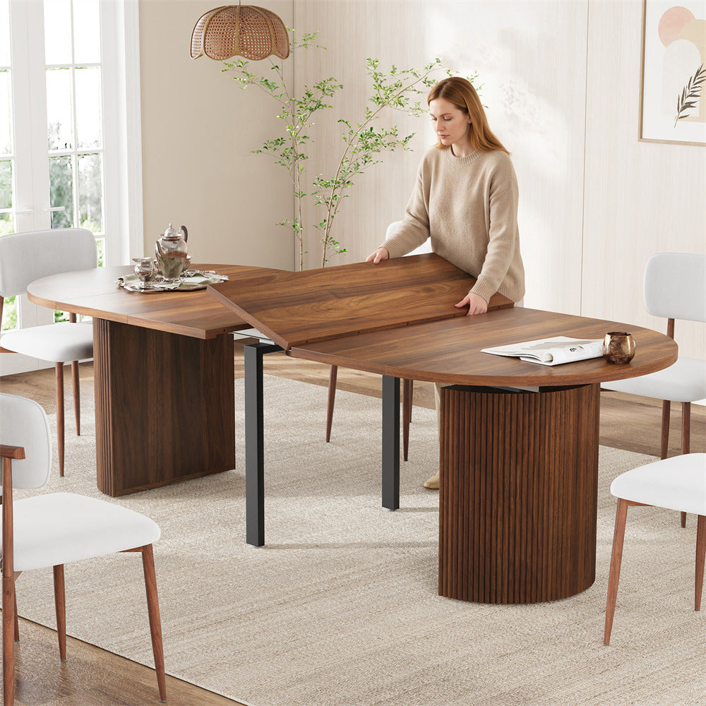 Walnut 42"-105" Kitchen Extendable Oval Dining Table for 4-12 with Fluted Pedestal Base & Reinforced Metal Support Leg