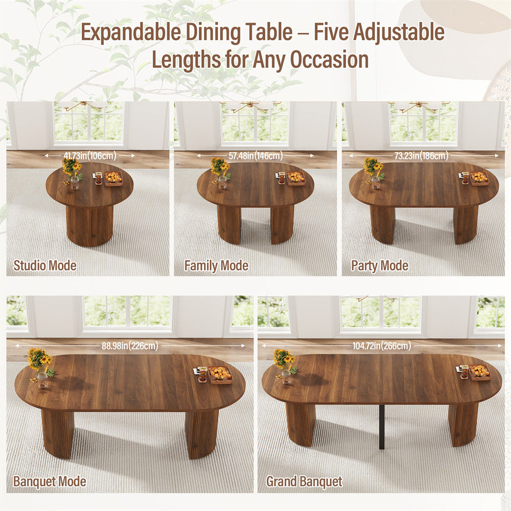 Walnut 42"-105" Kitchen Extendable Oval Dining Table for 4-12 with Fluted Pedestal Base & Reinforced Metal Support Leg