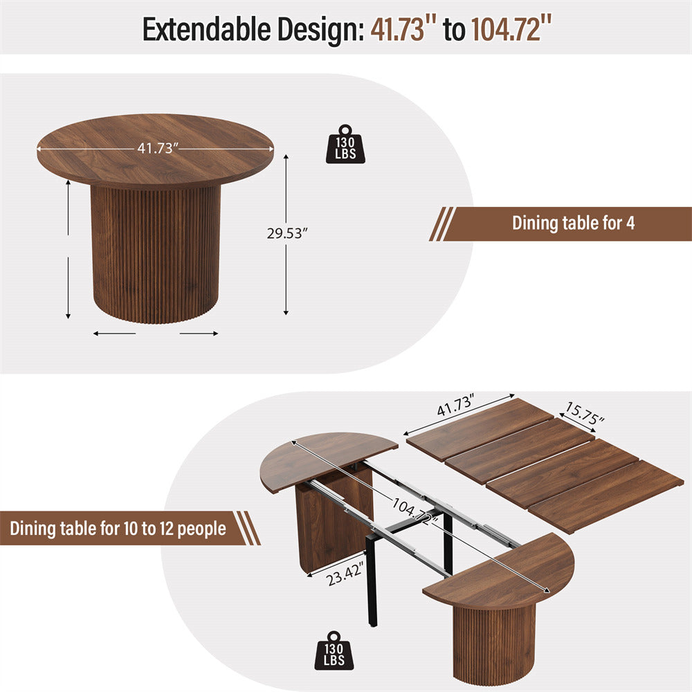 Walnut 42"-105" Kitchen Extendable Oval Dining Table for 4-12 with Fluted Pedestal Base & Reinforced Metal Support Leg