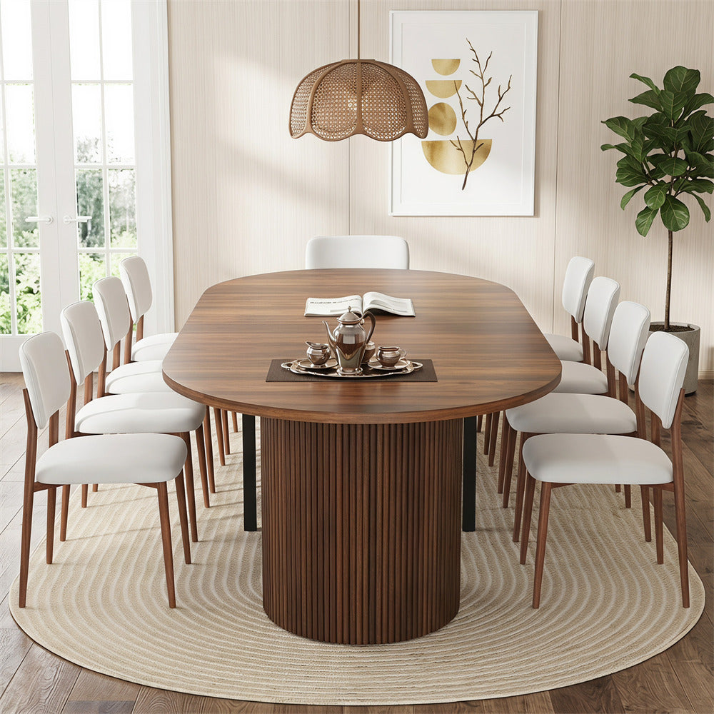 Walnut 42"-105" Kitchen Extendable Oval Dining Table for 4-12 with Fluted Pedestal Base & Reinforced Metal Support Leg