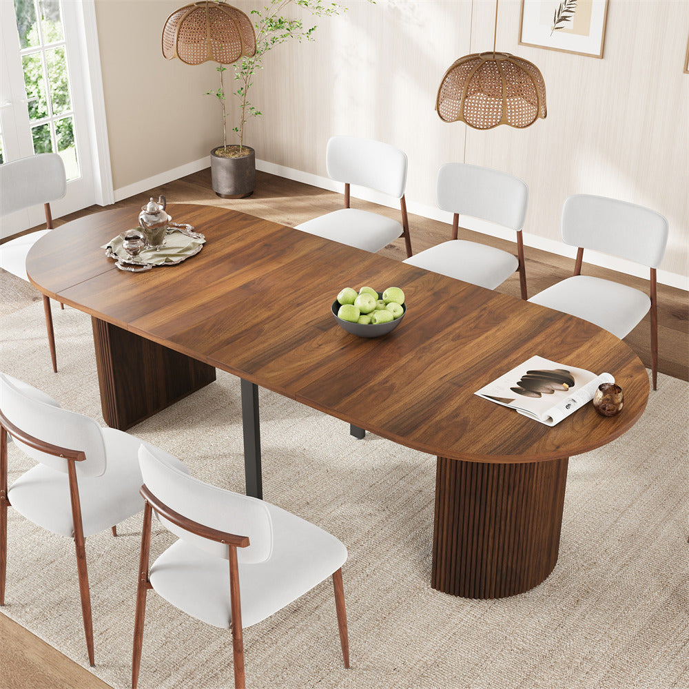 Walnut 42"-105" Kitchen Extendable Oval Dining Table for 4-12 with Fluted Pedestal Base & Reinforced Metal Support Leg