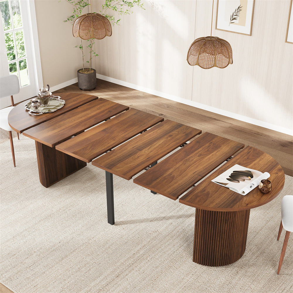 Walnut 42"-105" Kitchen Extendable Oval Dining Table for 4-12 with Fluted Pedestal Base & Reinforced Metal Support Leg