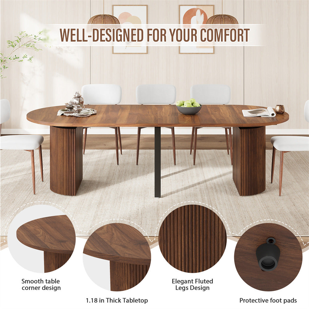 Walnut 42"-105" Kitchen Extendable Oval Dining Table for 4-12 with Fluted Pedestal Base & Reinforced Metal Support Leg