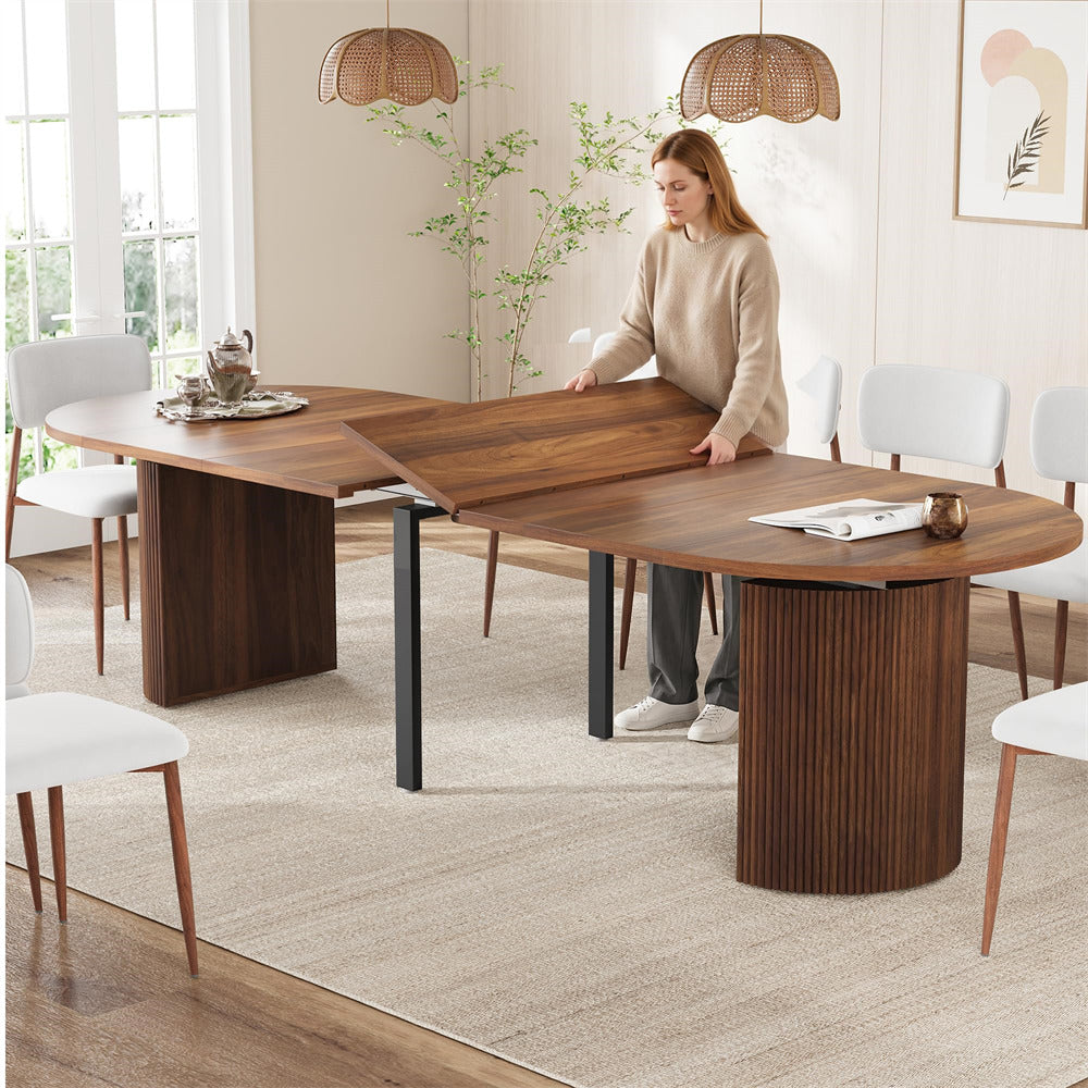 Walnut 42"-120" Kitchen Extendable Oval Dining Table for 4-14 with Fluted Pedestal Base & Reinforced Metal Support Leg