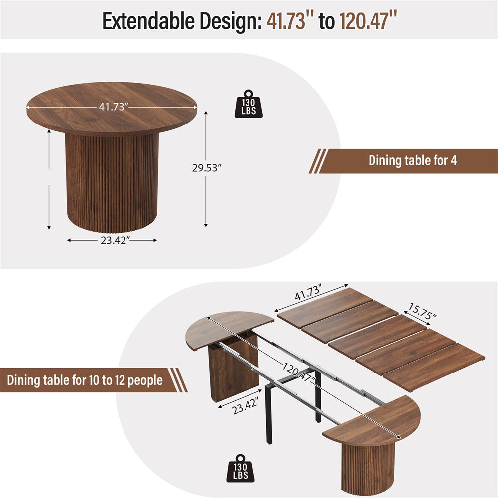 Walnut 42"-120" Kitchen Extendable Oval Dining Table for 4-14 with Fluted Pedestal Base & Reinforced Metal Support Leg