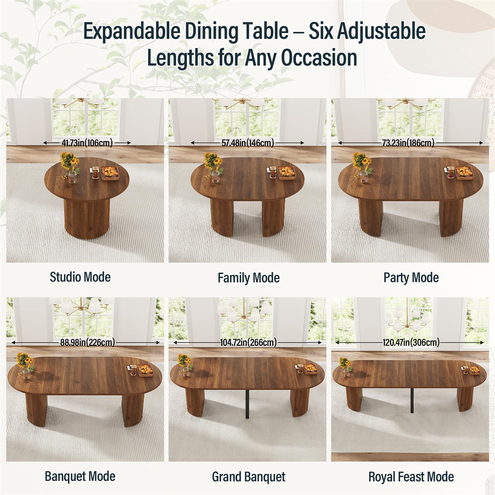 Walnut 42"-120" Kitchen Extendable Oval Dining Table for 4-14 with Fluted Pedestal Base & Reinforced Metal Support Leg