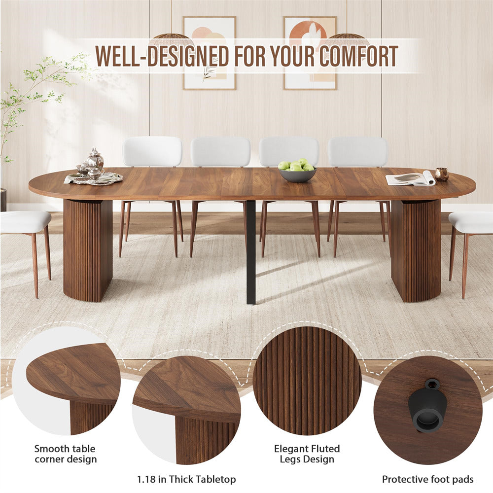 Walnut 42"-120" Kitchen Extendable Oval Dining Table for 4-14 with Fluted Pedestal Base & Reinforced Metal Support Leg