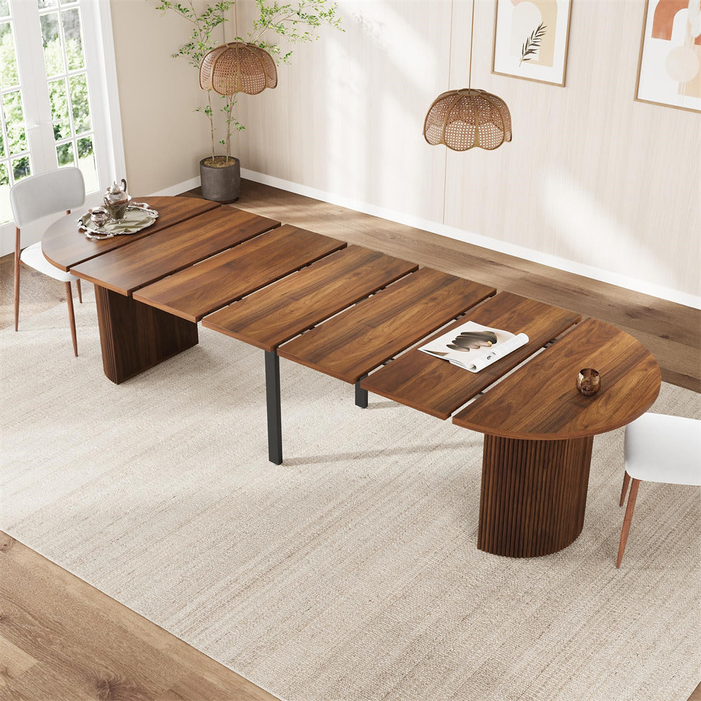 Walnut 42"-120" Kitchen Extendable Oval Dining Table for 4-14 with Fluted Pedestal Base & Reinforced Metal Support Leg