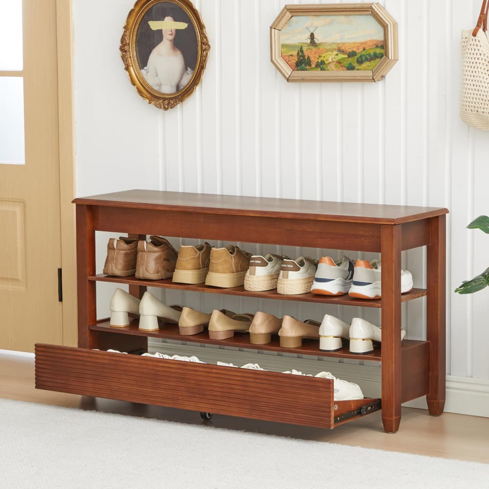 Walnut 42.5" Wood Shoe Bench Entryway Shoe Rack with Hidden Flip-Top Compartment and Wheels