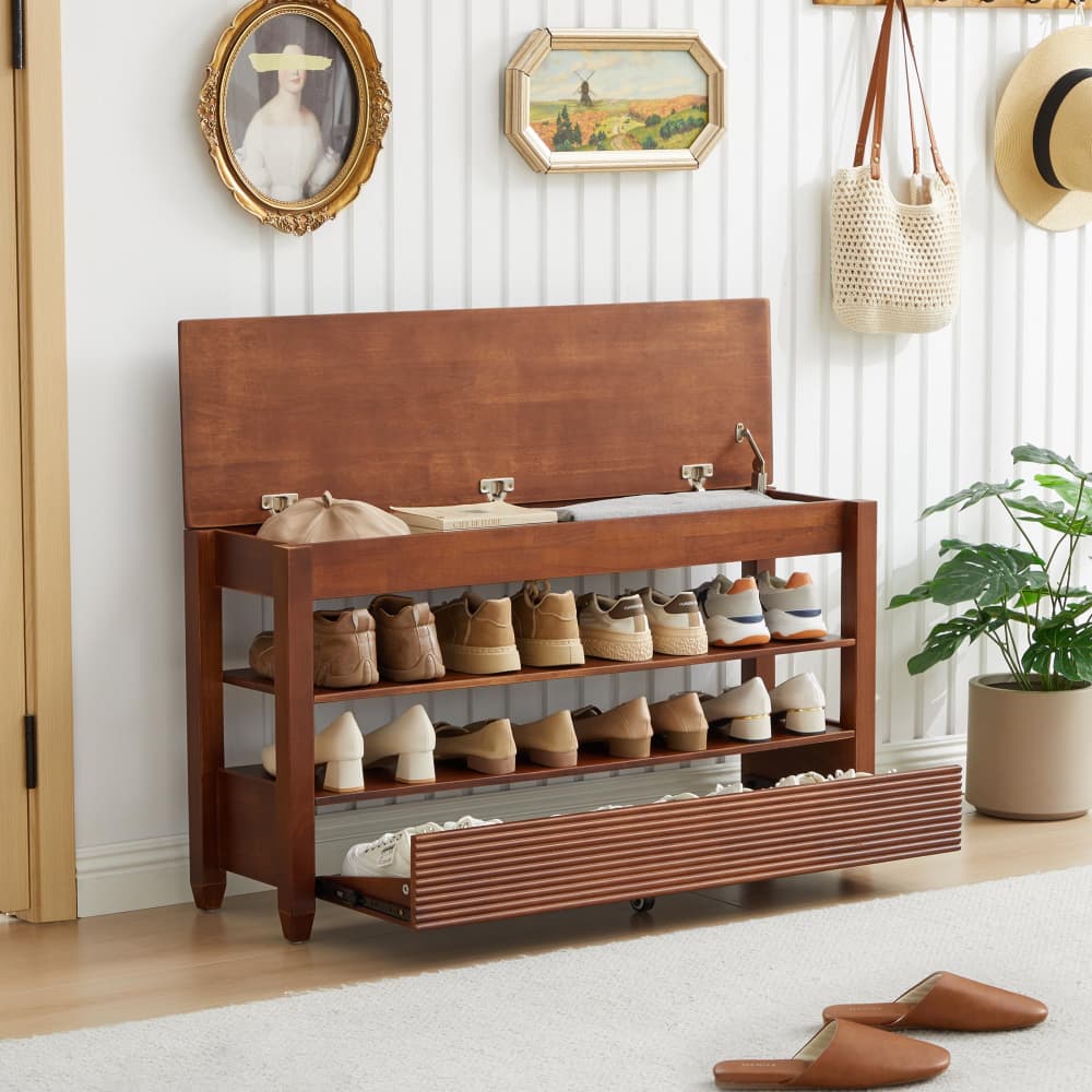 Walnut 42.5" Wood Shoe Bench Entryway Shoe Rack with Hidden Flip-Top Compartment and Wheels