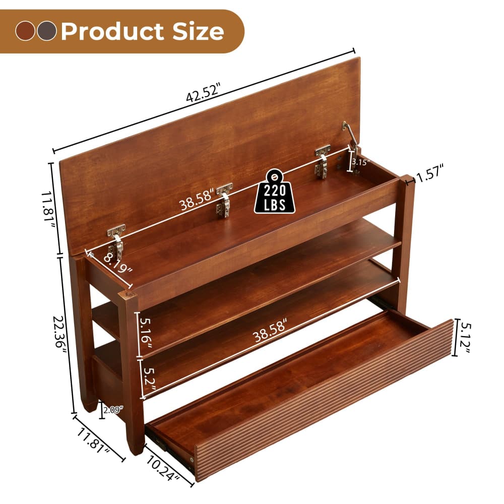 A wooden wall-mounted storage shelf with three tiers and a lower pull-out tray, shown with dimension lines, weight label, and a 'Product Size' header on a white background.