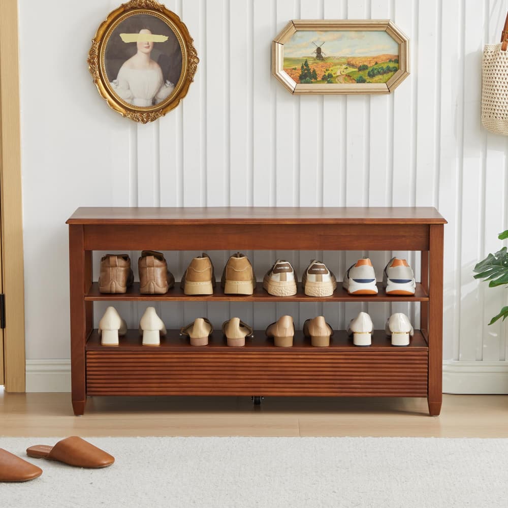 Walnut 42.5" Wood Shoe Bench Entryway Shoe Rack with Hidden Flip-Top Compartment and Wheels