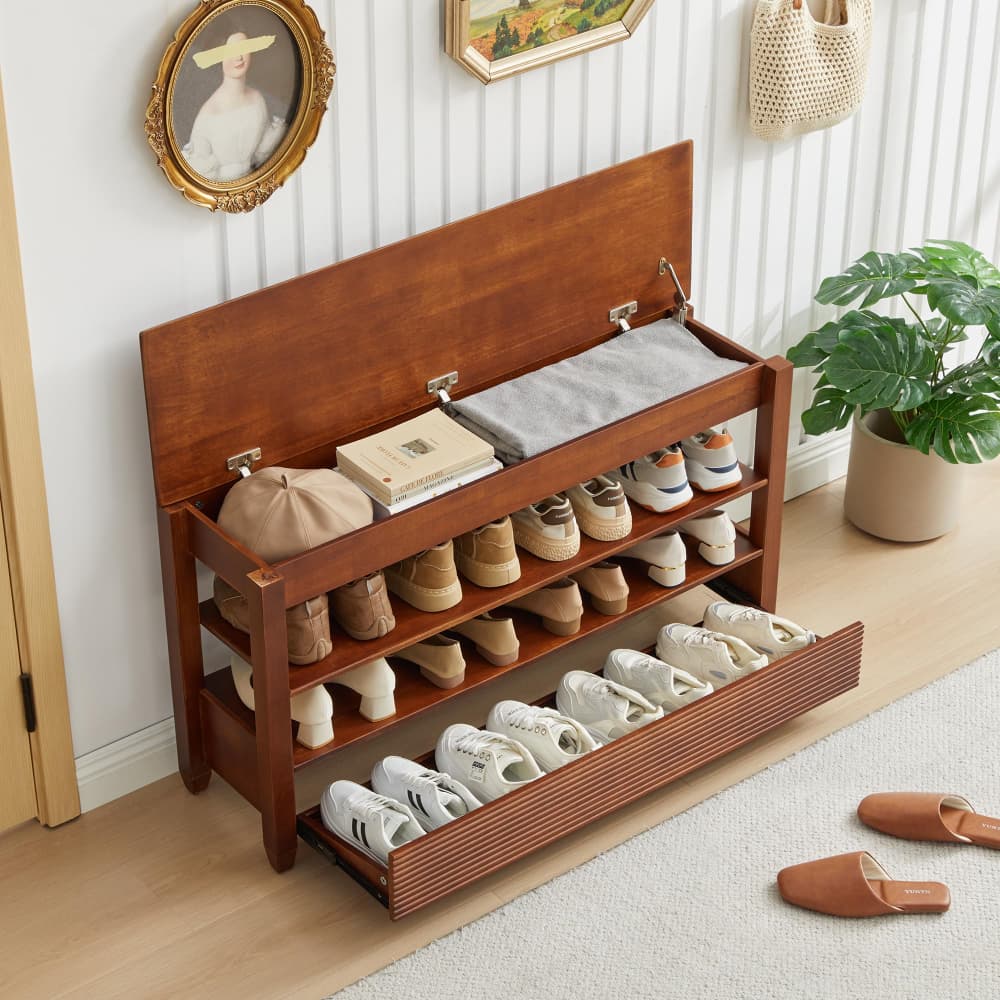 Walnut 42.5" Wood Shoe Bench Entryway Shoe Rack with Hidden Flip-Top Compartment and Wheels