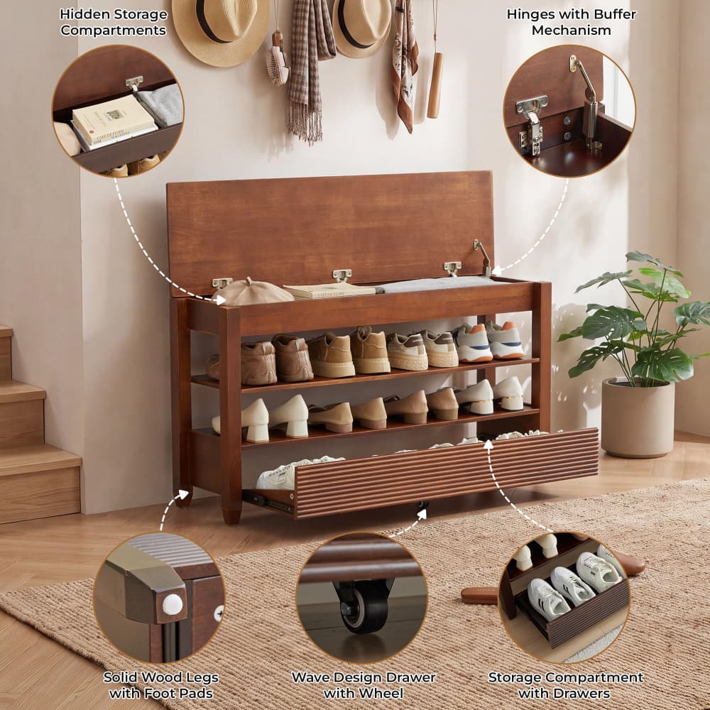 Walnut 42.5" Wood Shoe Bench Entryway Shoe Rack with Hidden Flip-Top Compartment and Wheels