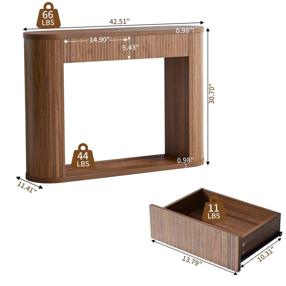 Walnut 42.5” Fluted Entryway Console Table with 2 Drawers and Rounded Corners