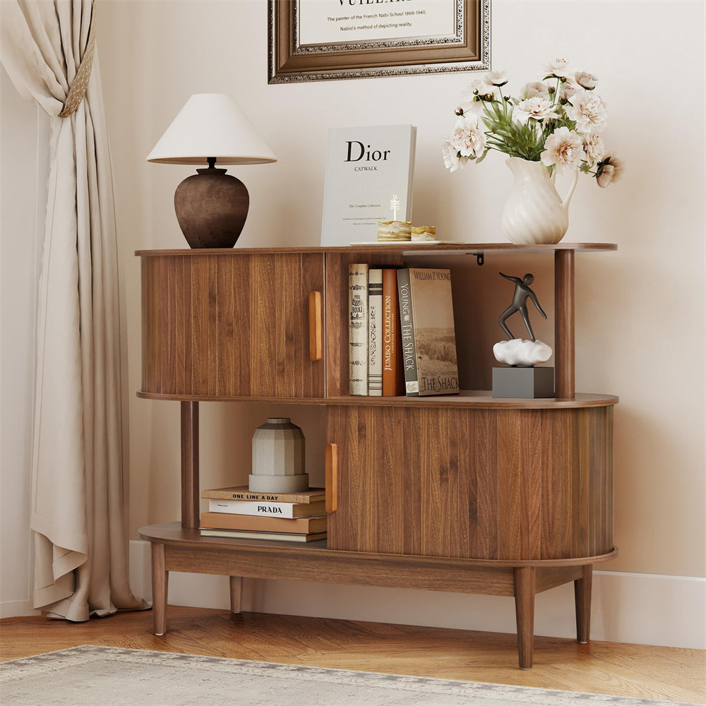 Wooden sideboard with decorative items in a room setting