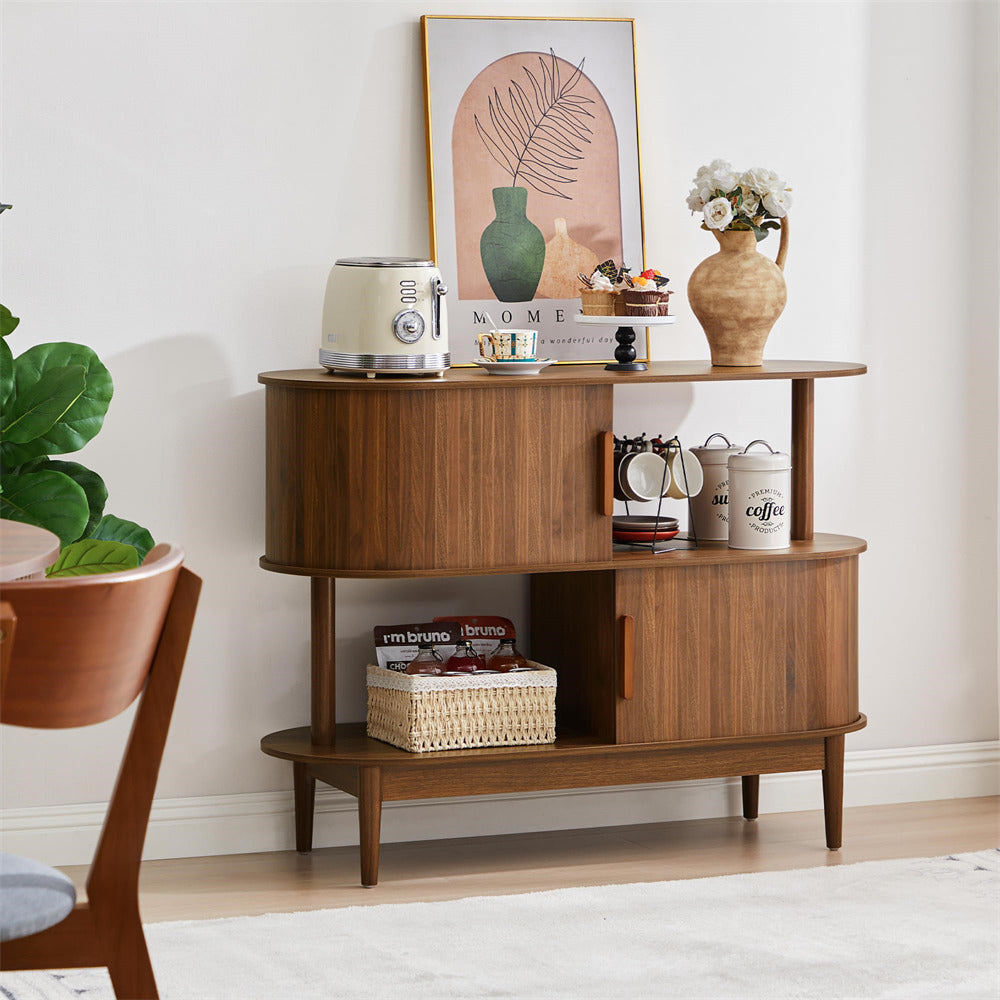 Walnut 42.5'' Modern Accent Coffee Bar Wood Kitchen Storage Cabinet with 2 Open Storage