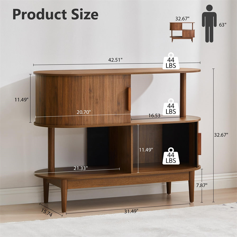 Wooden TV stand with dimensions and weight indicators on a neutral background