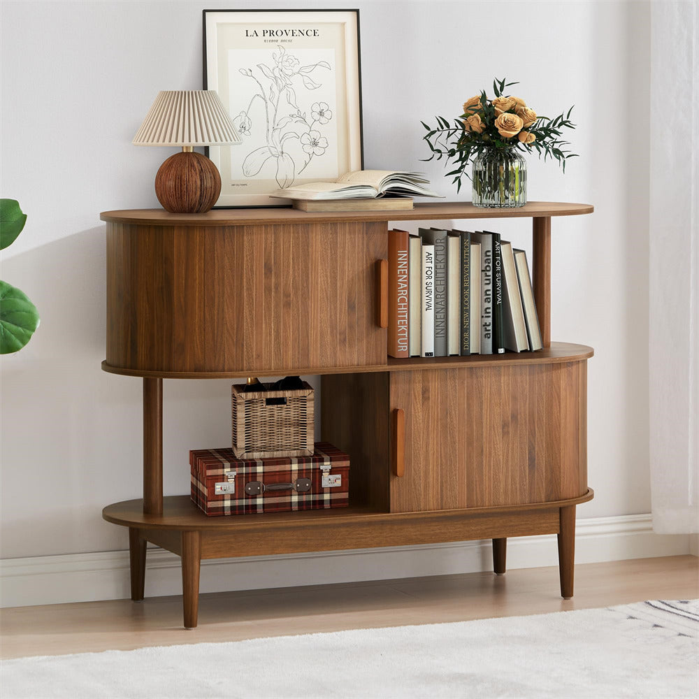 Walnut 42.5'' Modern Accent Coffee Bar Wood Kitchen Storage Cabinet with 2 Open Storage