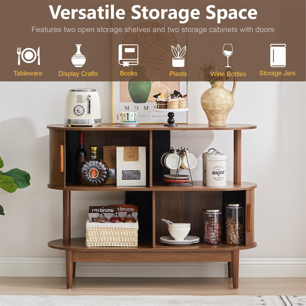 Wooden storage shelf with various items on a neutral background