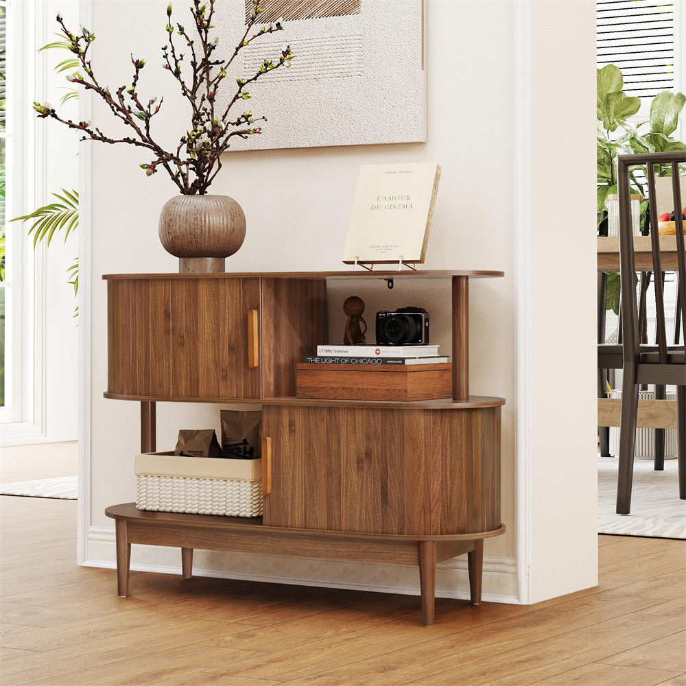 Wooden sideboard with decorative items in a living room setting