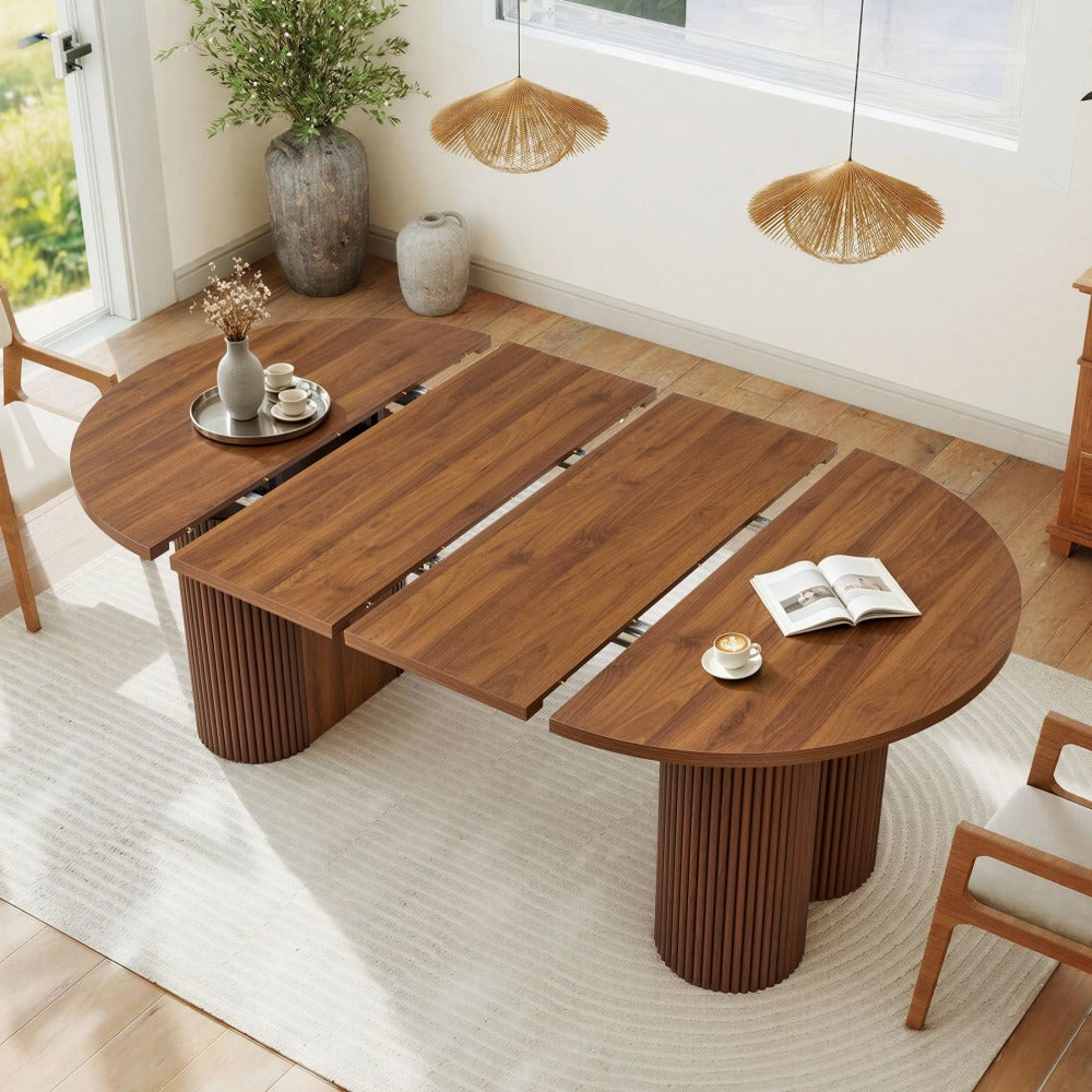 Walnut 43.3''-74.8'' Extendable Kitchen Dining Table for 4-8 with Removable Leaves & Fluted Base Circle