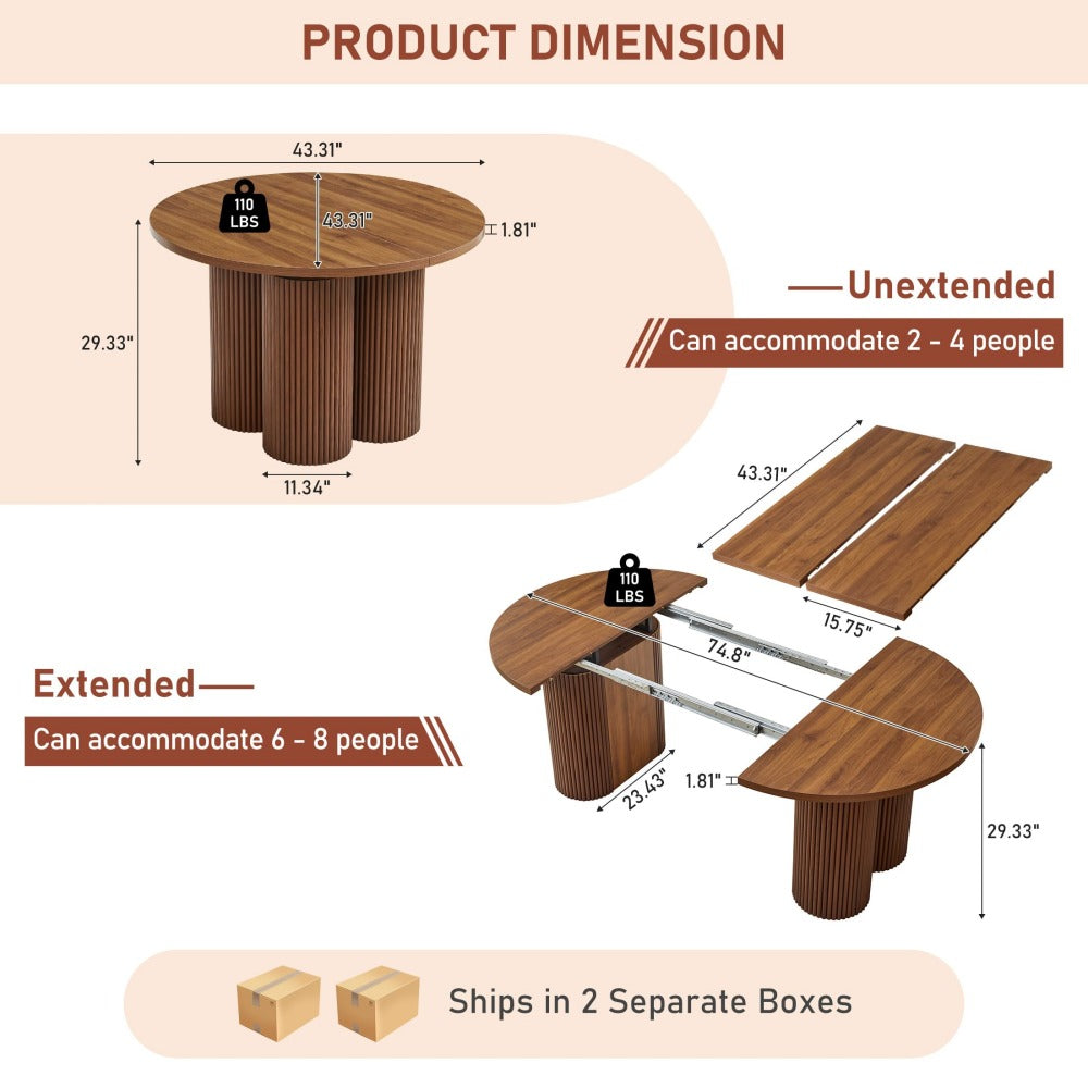 Product dimension diagram showing a round wooden table in both unextended and extended configurations with measurements, weight of 100 lbs, and shipping box icons at the bottom.