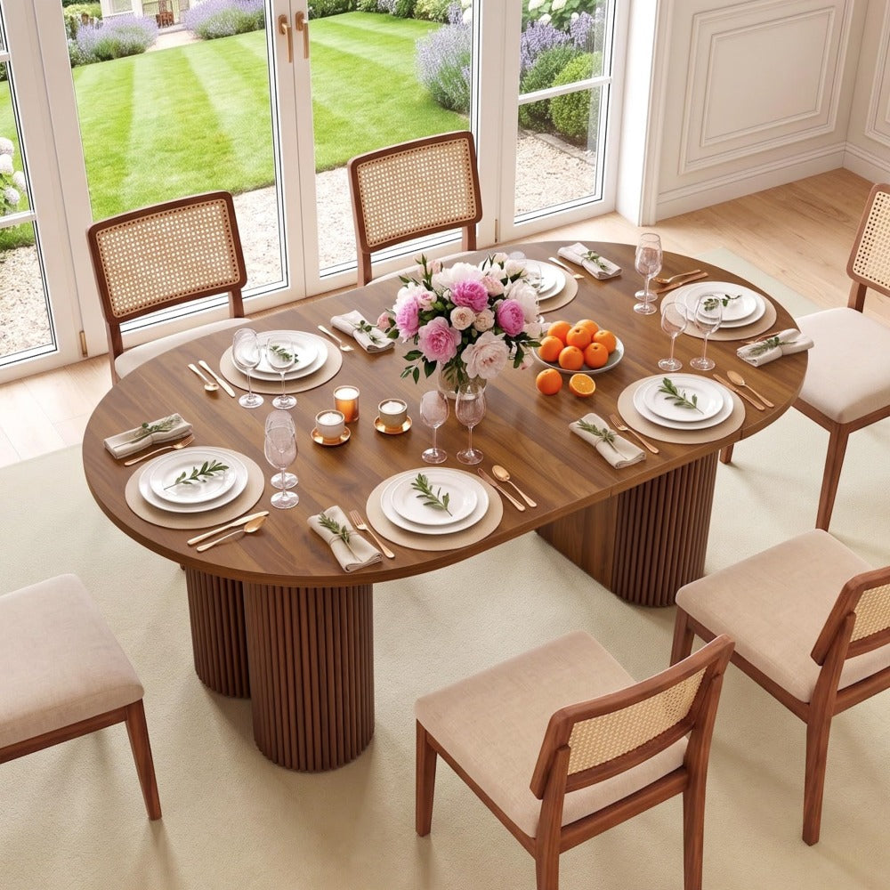Walnut 43.3''-74.8'' Extendable Kitchen Dining Table for 4-8 with Removable Leaves & Fluted Base Circle
