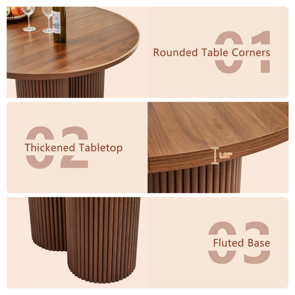 Three-panel product feature graphic for a round wooden table with a fluted pedestal base. Text highlights rounded table corners, thickened tabletop, and fluted base, with close-up views of the wood grain and base details on a light beige background.