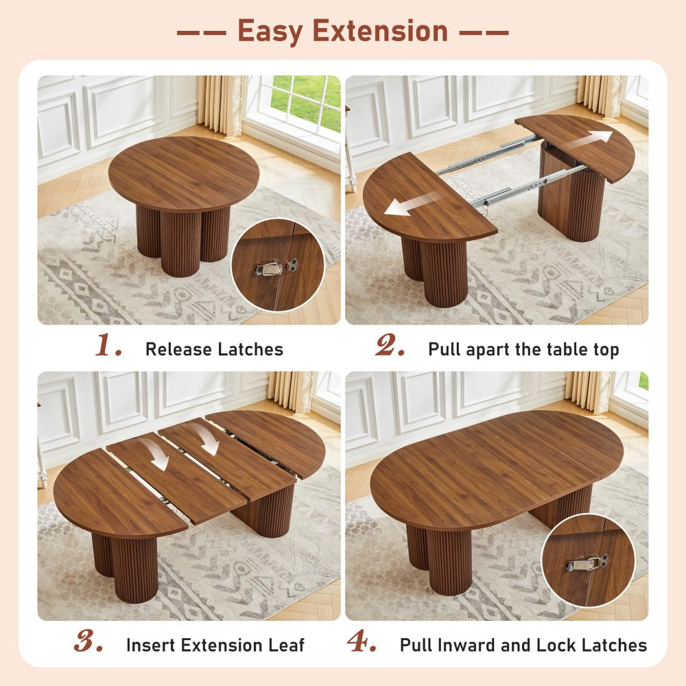 Walnut 43.3''-74.8'' Extendable Kitchen Dining Table for 4-8 with Removable Leaves & Fluted Base Circle